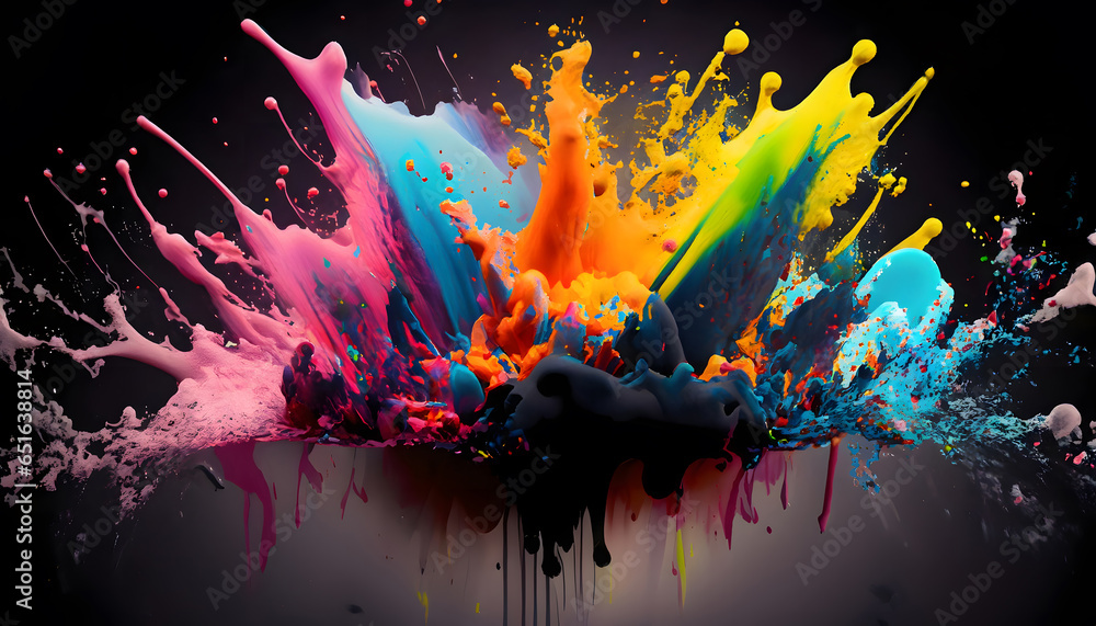 Abstract Color Symphony: Vibrant Paint Splatters on Black Canvas