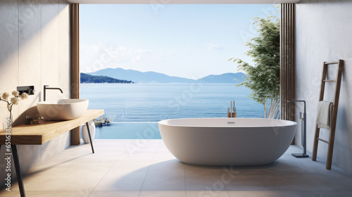 Bathroom with sea view and white bathtub © Sajida
