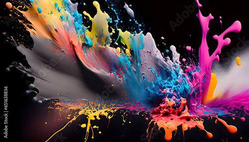 Abstract Color Symphony  Vibrant Paint Splatters on Black Canvas