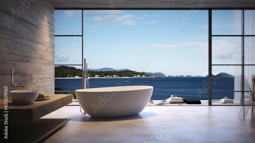 Bathroom with sea view and white bathtub