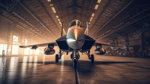 A military fighter jet aircraft parked in military hangar at the base airforce for military mission. Generative Ai