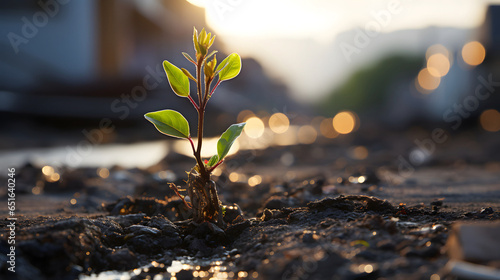 Plants emerge though asphalt, symbol for bright hope of life and success. © A2Z AI 