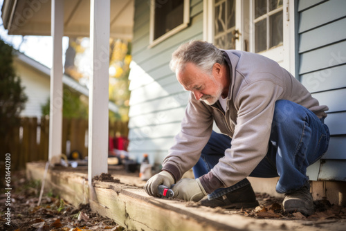 An older man repairs the porch of his house
