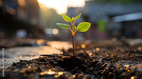 Plants emerge though asphalt, symbol for bright hope of life and success.