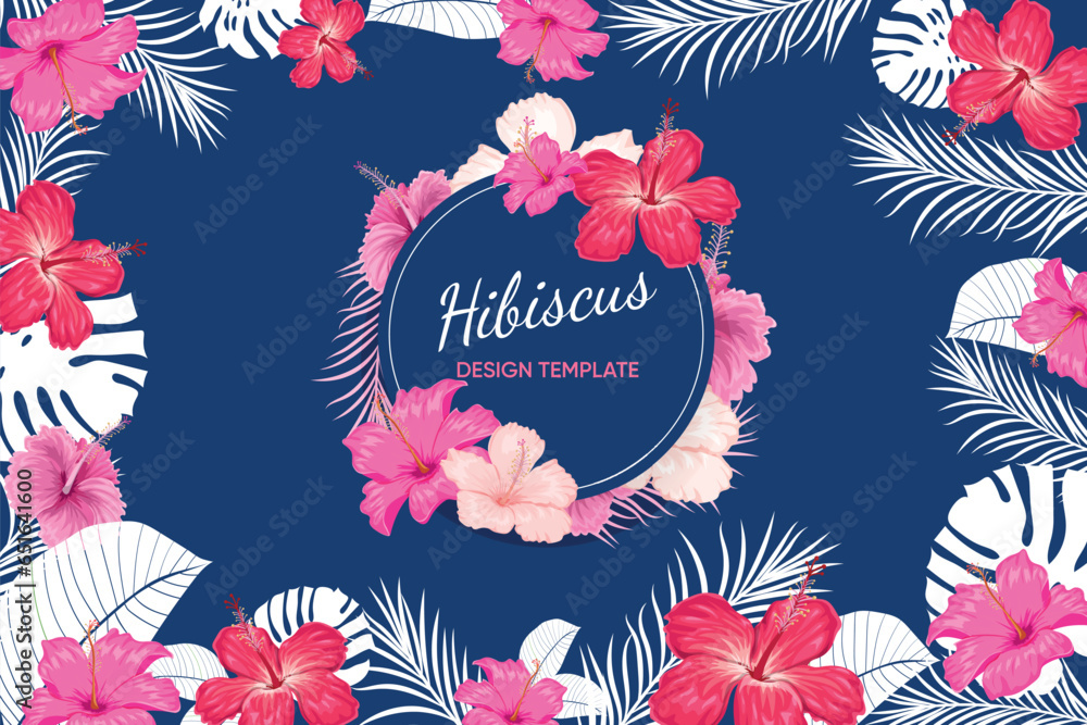 Obraz premium Tropical design template banner. Red, pink hibiscus flowers with palm leaves. Best for party invitations, greeting card designs and flyers. Vector illustration.