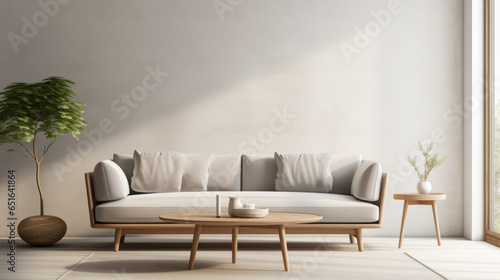 Sofa and Coffee Table Against the far wall, there's a sleek, light gray Scandinavian-style sofa with clean lines and wooden legs In front of it sits a low, oval-shaped coffee table made of light oak © Textures & Patterns
