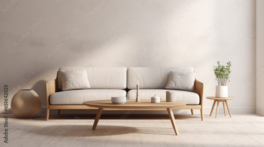 Sofa and Coffee Table Against the far wall, there's a sleek, light gray Scandinavian-style sofa with clean lines and wooden legs In front of it sits a low, oval-shaped coffee table made of light oak Sofa and Coffee Table Against the far wall, there's a sleek, light gray Scandinavian-style sofa with clean lines and wooden legs In front of it sits a low, oval-shaped coffee table made of light oak