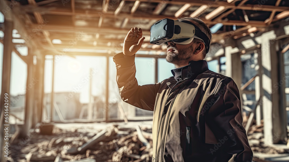 Architect or civil engineer wearing virtual reality goggles during analyzing building structure at the construction site. Generative Ai