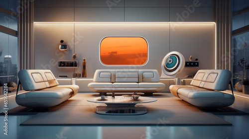 Tech-Savvy Lounge A futuristic living room with smart home gadgets, from voice-controlled lighting to an AI-driven entertainment system, centered around a sleek leather sofa  photo