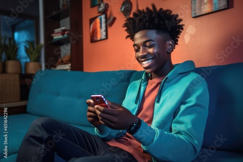 A contented man lounges on his cozy couch, dressed in casual clothing, as he gazes at his phone with a smile while holding a remote, surrounded by the warm walls and furniture of his indoor sanctuary