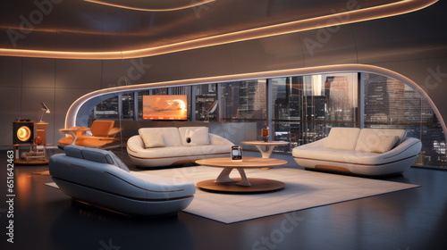 Tech-Savvy Lounge A futuristic living room with smart home gadgets, from voice-controlled lighting to an AI-driven entertainment system, centered around a sleek leather sofa 