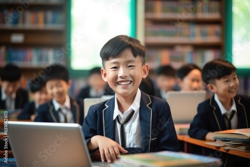 A young student  clad in comfortable clothing  sits in a quiet library classroom  a beaming smile lighting up his face as he learns and explores through the screen of his trusty laptop