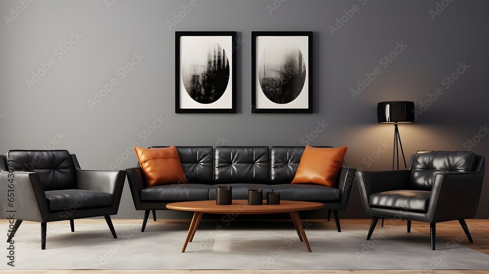 Mid-century home interior design of modern living room. black sofa and chair against grey wall with three art frames. Generate AI