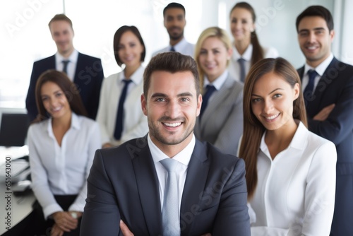 Happy group of businesspeople on presentation