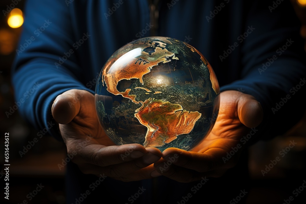 unrecognizable person holds the planet earth with his two hands, glass sphere in the shape of planet earth - obrazy, fototapety, plakaty 