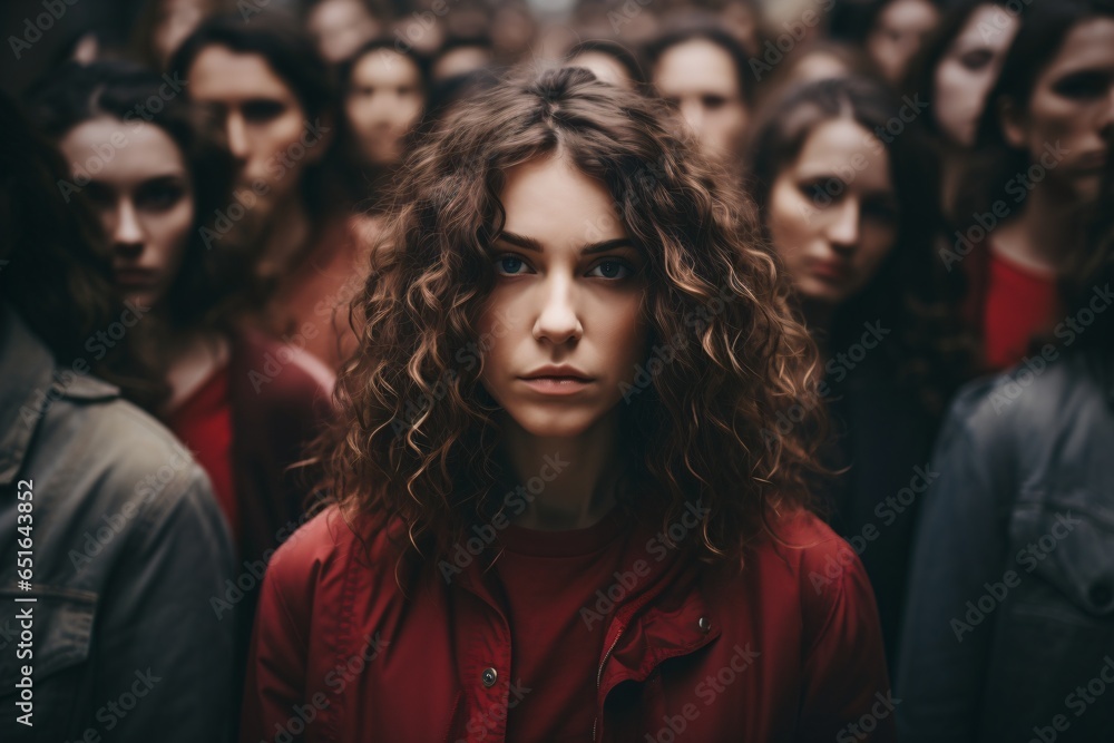 Portrait of a woman standing out from the crowd in background illustrating woman's social issues Portrait of a woman standing out from the crowd in background illustrating woman's social issues