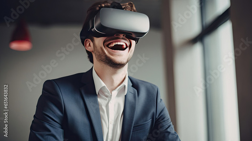 Happy young businessman using virtual reality headset in the office. Generative Ai