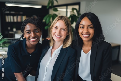 Happy multiethnic smiling business women working together in office