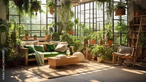  Urban Jungle Retreat A lush indoor garden with hanging plants  botanical prints  and green accents A comfortable sofa and a natural wood coffee table provide seating 