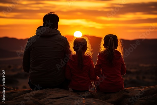 dad sitting on a rock, with his back to his daughters looking at the sunset, unrecognizable people,