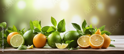 Mint and citrus fruits on table