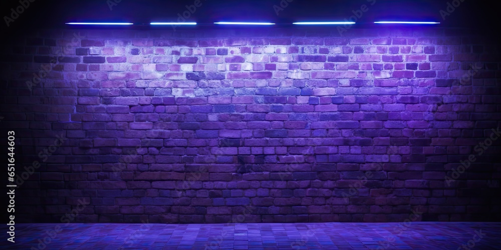 Bright lights in dark abstract wall. Futuristic glow. Neon lights illuminate empty space. Electric elegance. Dark room