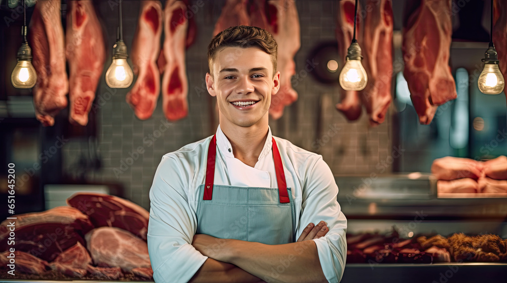 Portrait of A happy young male butcher standing with arms crossed in modern meat shop. Generative Ai Portrait of A happy young male butcher standing with arms crossed in modern meat shop. Generative Ai