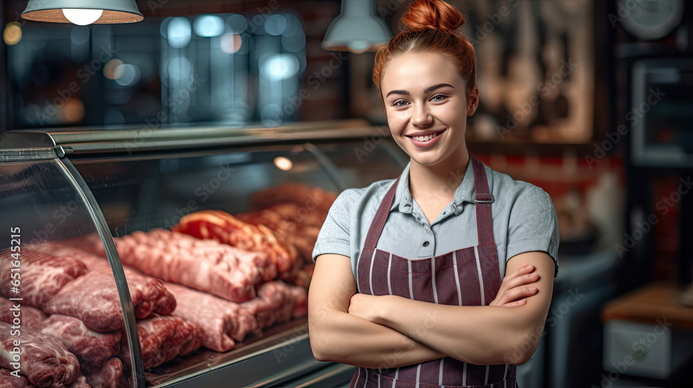 Fototapeta premium Portrait of A happy female butcher standing with arms crossed in modern meat shop. Generative Ai