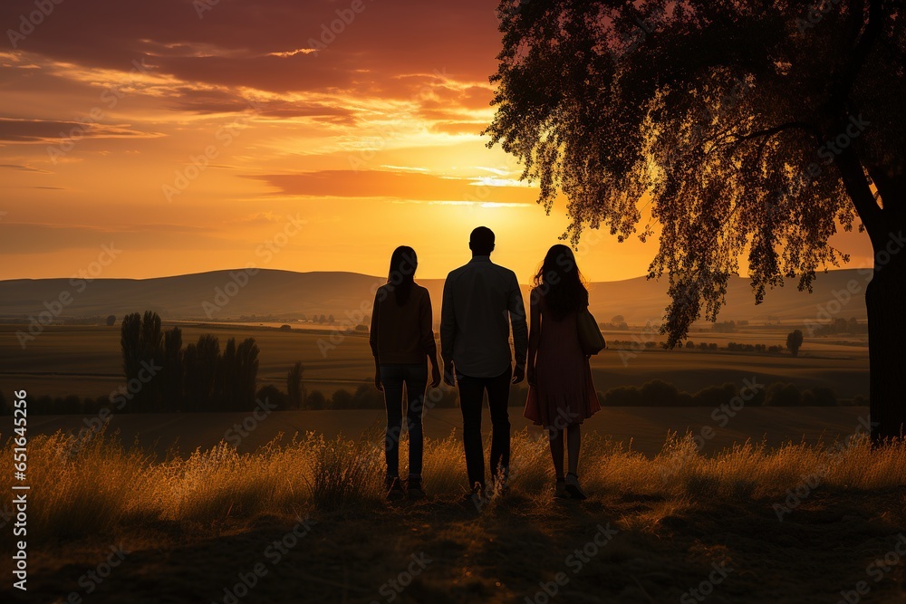 family from behind looking at the landscape, on a beautiful sunset, unrecognizable people, environment concept