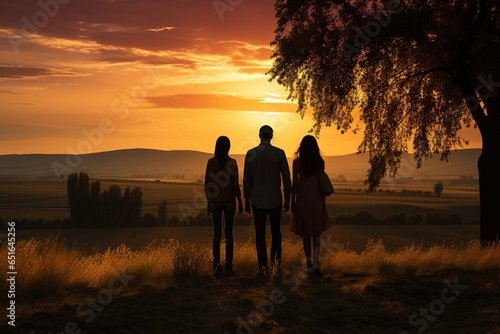 family from behind looking at the landscape, on a beautiful sunset, unrecognizable people, environment concept
