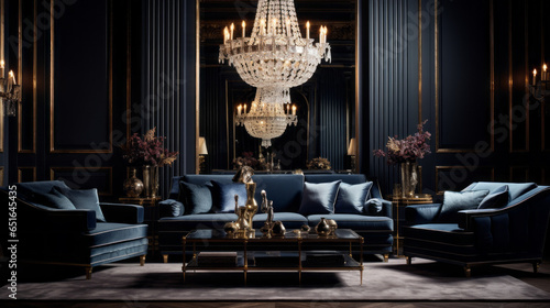 Vintage Glamour Luxurious velvet sofas, a crystal chandelier, and a mirrored coffee table exude vintage glamour Gold accents complete the look