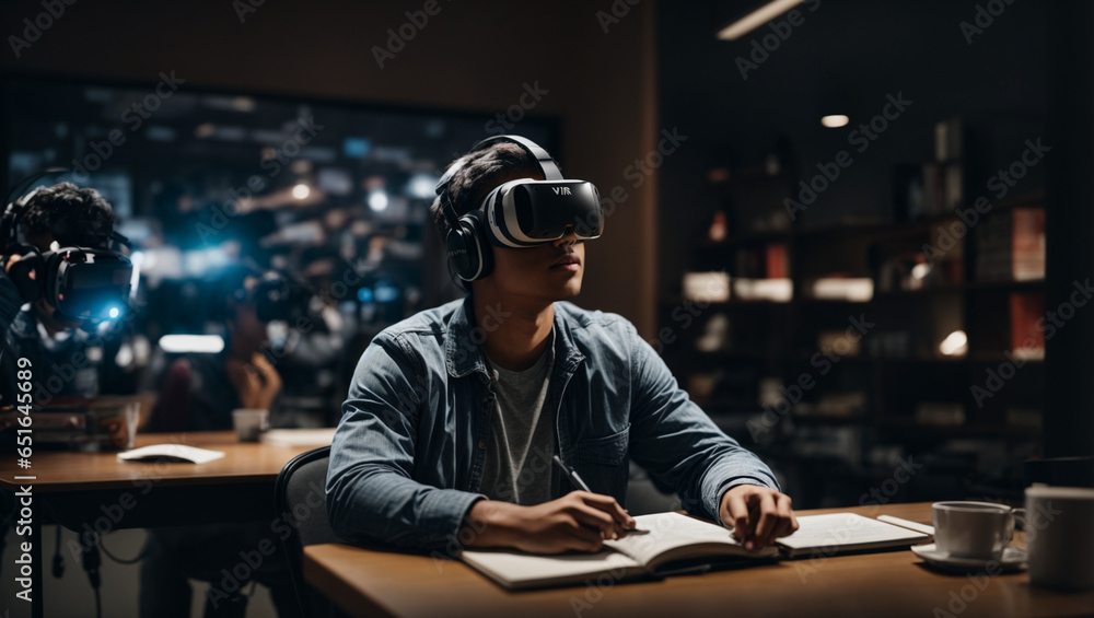 A student wearing a VR headset while studying in a virtual classroom, highlighting the immersive nature of educational VR content. A student wearing a VR headset while studying in a virtual classroom, highlighting the immersive nature of educational VR content.