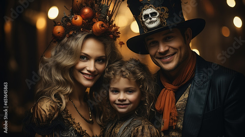 Happy family celebrating halloween festival wearing vampire cosume and hat