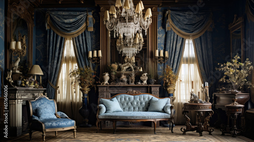 Vintage Victorian Parlor Decorated with Victorian-era furniture, ornate decor pieces, and heavy drapes, creating an atmosphere of timeless elegance photo