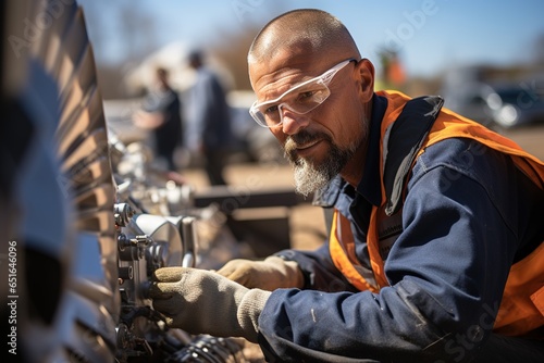 engineer with glasses working on an electric turbine, wind energy