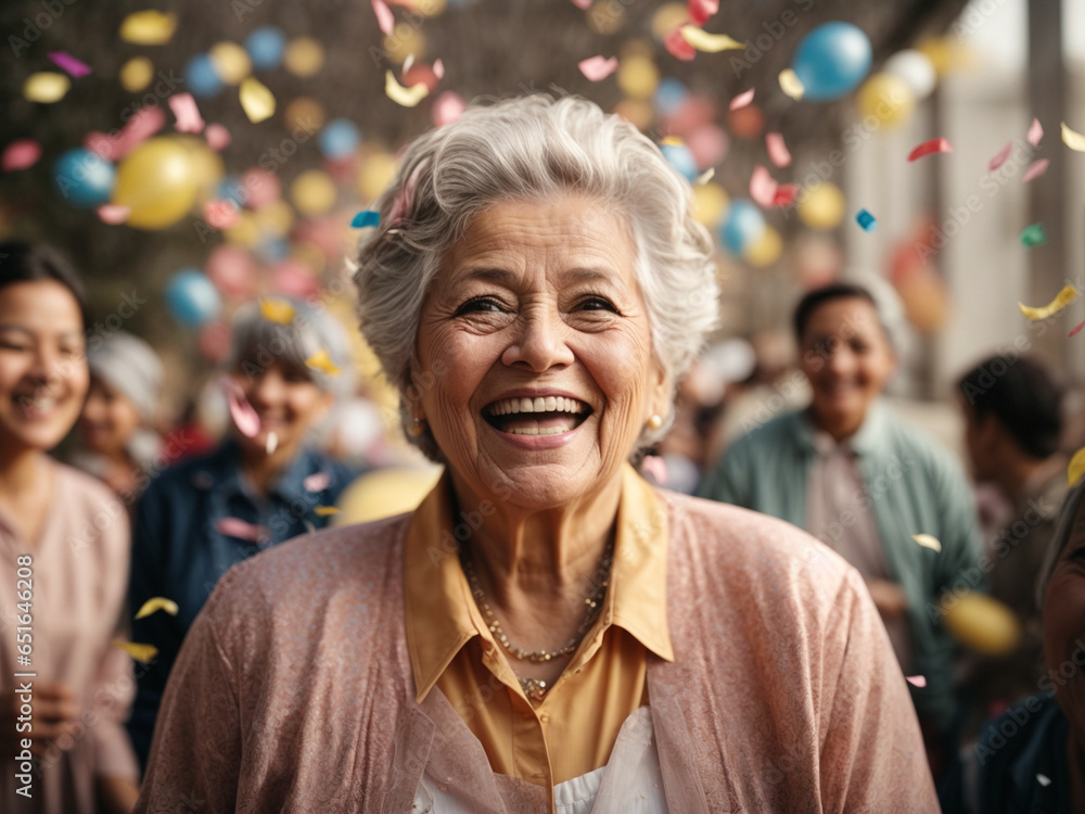 Portrait of a person smiling. Grandmother is not only excited but also celebrating her good news, perhaps with confetti or balloons, conveying a sense of happiness and festivity. Portrait of a person smiling. Grandmother is not only excited but also celebrating her good news, perhaps with confetti or balloons, conveying a sense of happiness and festivity.