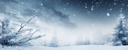 Winter atmospheric landscape with Frost-Covered Trees, Snowfall Landscape, AI generated.