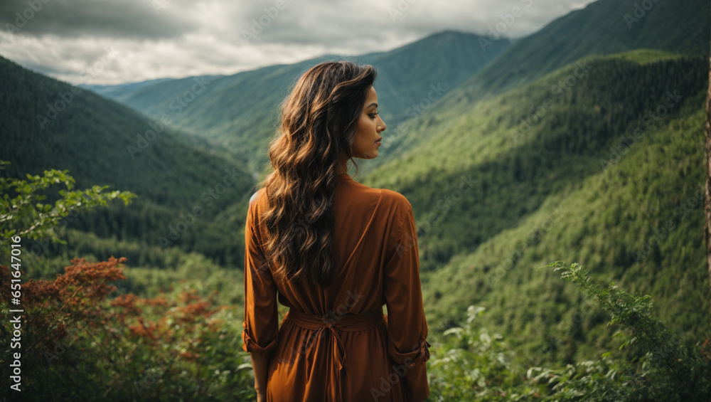 Woman in the mountain, standing at the edge of a serene mountain forest, gazing at the lush greenery and natural beauty.