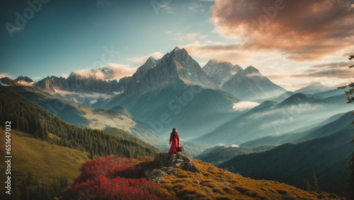 View from the top of the mountain. A breathtaking mountain vista as the backdrop, with the woman in the foreground, taking in the majestic scenery of the forest-clad peaks. photo