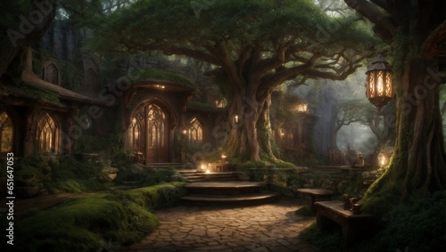 fantasy  kingdom . Hidden within an enchanted forest, this Elvish city, built among towering Eldertrees, blends nature and architecture, offering wisdom, magic, and serenity to all who visit 