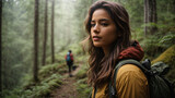 Portrait of a woman in a forest. Woman as an eco-tourist, appreciating and respecting the natural environment as she explores the mountain forest.