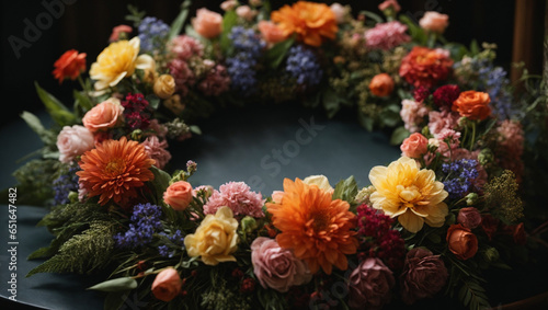 bouquet of flowers. Flowers in the wreath, highlighting their colors, textures.