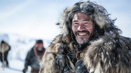 A man wearing a warm Eskimo fur jacket and hood close-up against the backdrop of a winter landscape