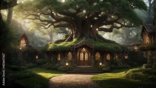 fantasy  kingdom . Hidden within an enchanted forest, this Elvish city, built among towering Eldertrees, blends nature and architecture, offering wisdom, magic, and serenity to all who visit 