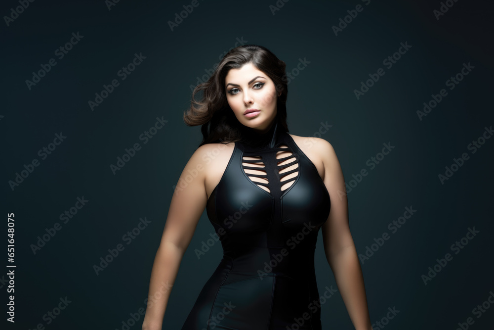 Sexy chubby plus size fashion model with large breasts in black tight dress, fat curvy woman on gray background Sexy chubby plus size fashion model with large breasts in black tight dress, fat curvy woman on gray background