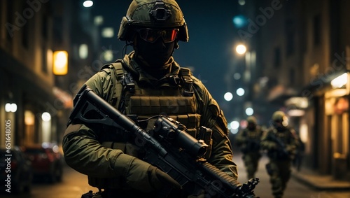 special forces soldier high technology gun and weapon working in night 