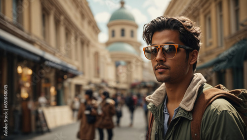 Person walking in the city wearing augmented reality glasses while exploring a new city or tourist destination, with historical facts and points of interest displayed in real time.