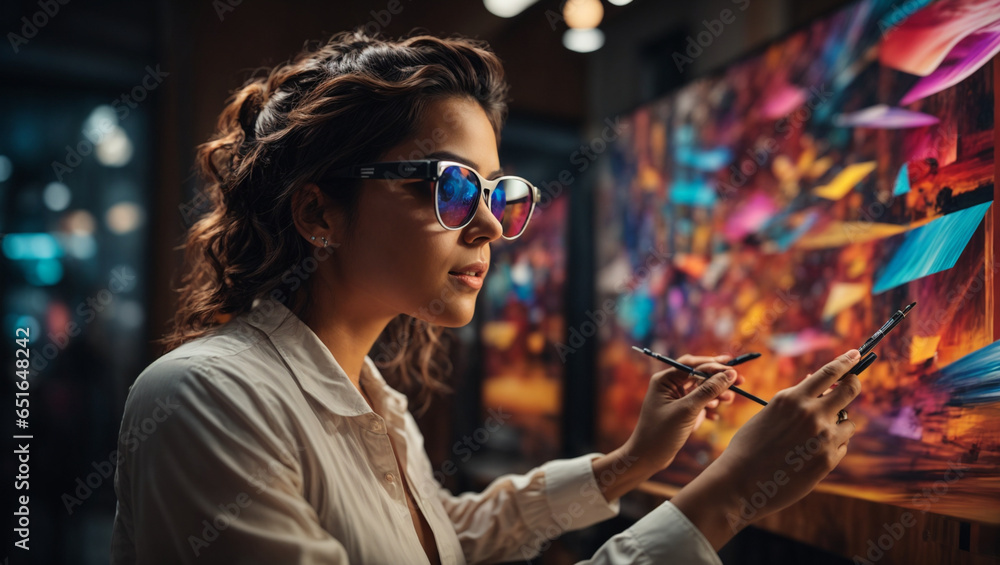 Portrait of an artist or creative professional using AR glasses to project virtual canvases, design elements, and digital tools.