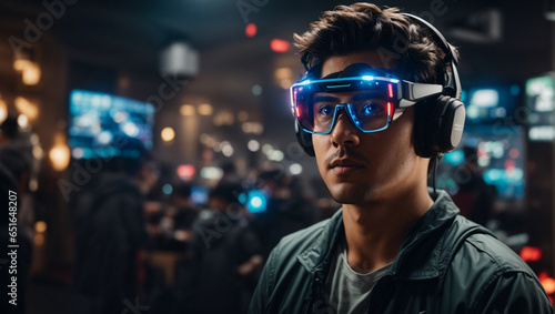 Portrait of a gamer using augmented reality glasses for an immersive gaming experience, with digital characters. © Loki Studio
