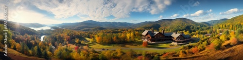 180 Degree Panoramic View of Maggie Valley, North Carolina - Aerial Mountain View with Sunny Deciduous Forest, Houses, and Homes photo